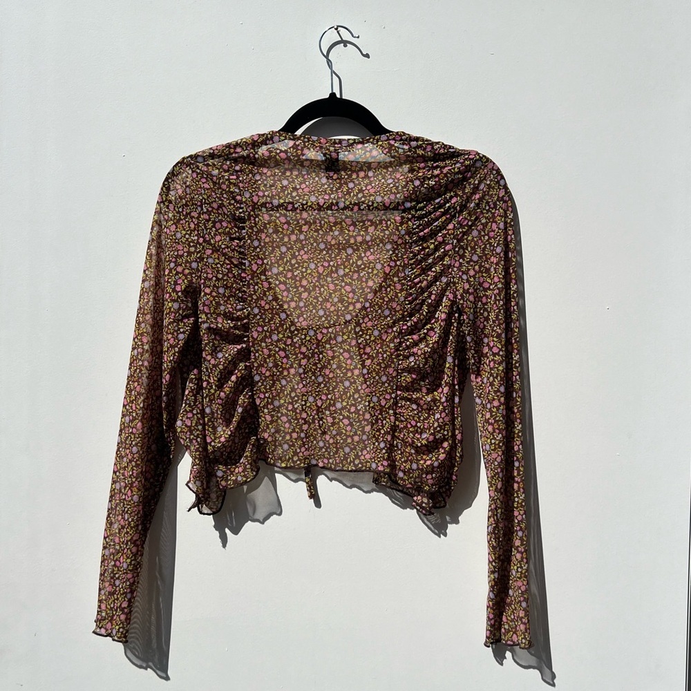 Forever 21 boho mesh floral long sleeve blouse with flounce sleeves & ruching - Picture 2 of 6